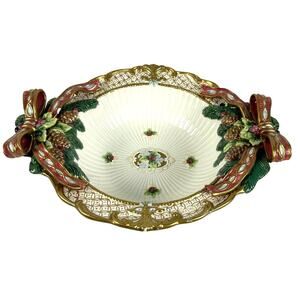 Fitz & Floyd Classic Christmas Florentine Plaid Ribbon Pinecones Bowl 1998-2002